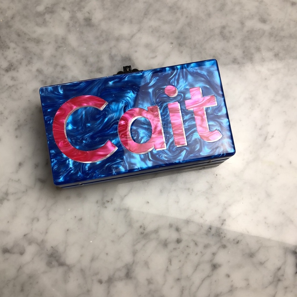 EDIE PARKER Blue and Silver Clutch with Script Design